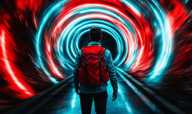 Photo lone traveler in a vortex of red and blue light on a futuristic journey