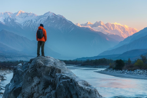 Lone traveler with backpack stands on rock admiring misty mountain landscape at sunrise