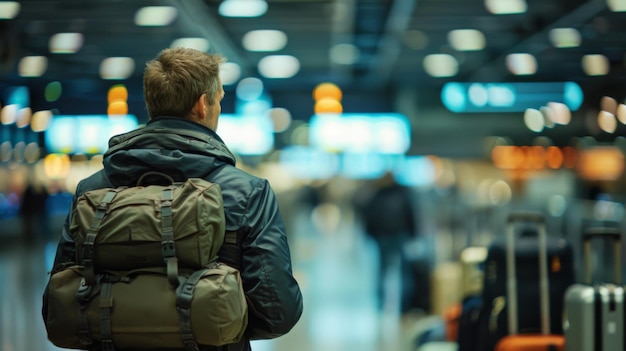 A lone traveler with a backpack watches over the airport terminal possibly waiting for his flight