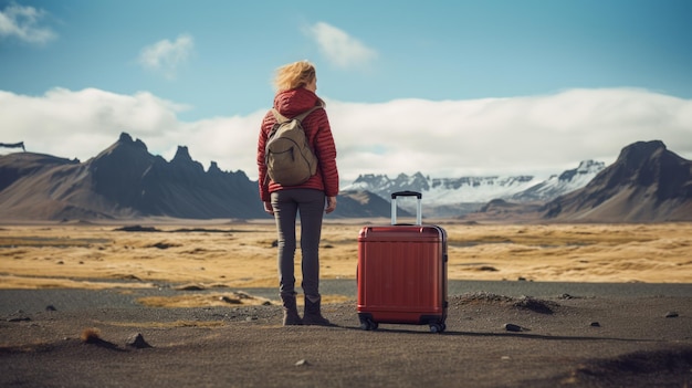 Photo lone traveler with red suitcase on desert volcanic terrain exploration concept generative ai