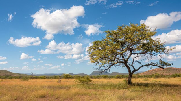 Lone Tree in African Savanna Under a Blue Sky With Fluffy Clouds