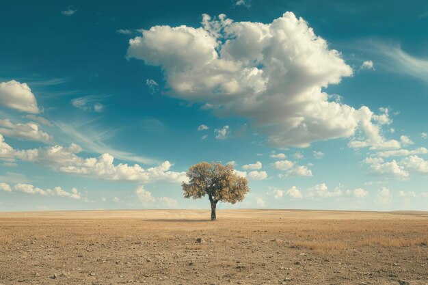 Lone Tree in a Barren Field with Clouds