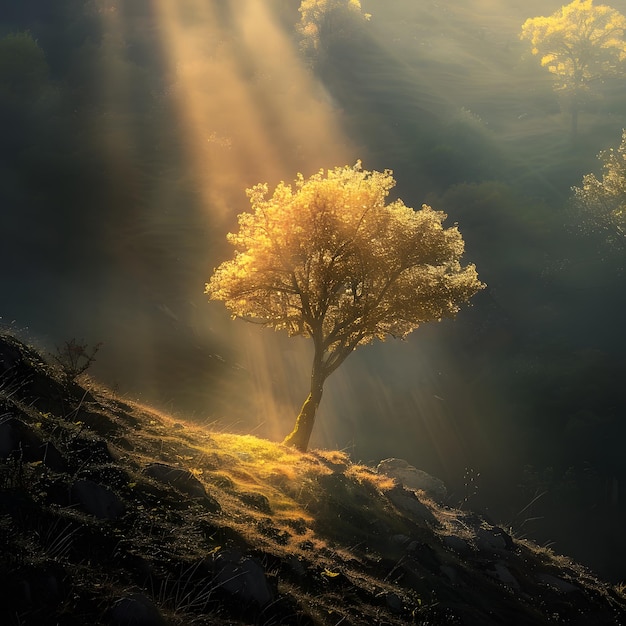 lone tree glows in golden sunlight on a misty hillside