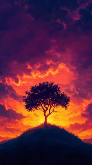 Photo lone tree on hill against vibrant sunset sky landscape view nature and tranquility concept