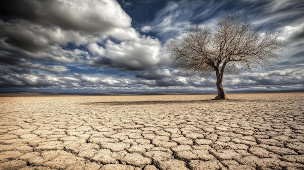 Photo a lone tree is positioned on parched cracked ground surrounded by a dramatic sky filled with clouds this scene captures the stark beauty of natures resilience in a dry environment