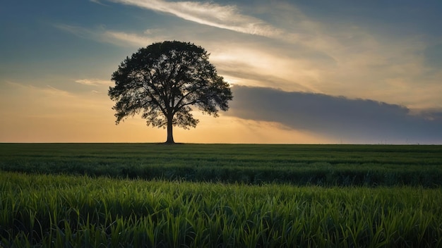 Lone tree in a lush field under a vast sky at dusk