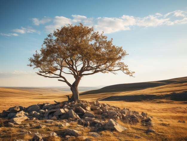 a lone tree in the middle of a field