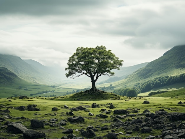 a lone tree in the middle of a field