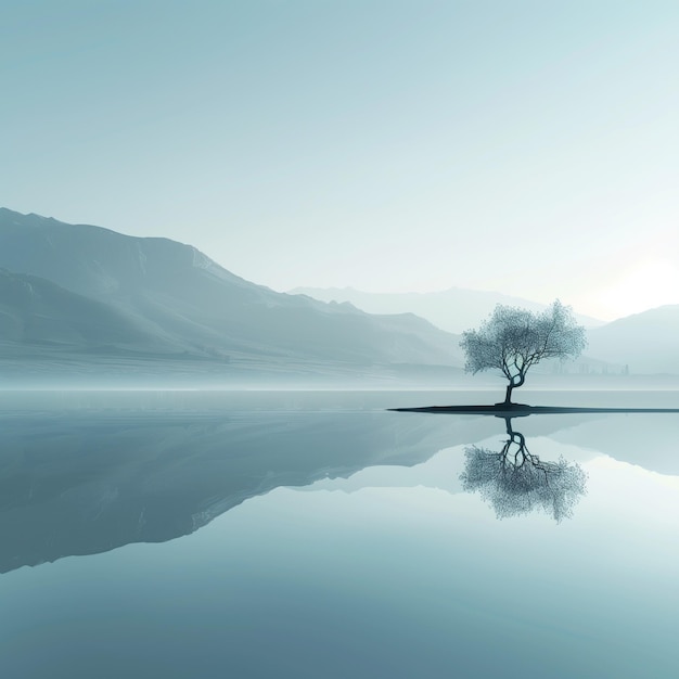 Lone tree reflection on the water with mountain view in the early morning mist Nature lake