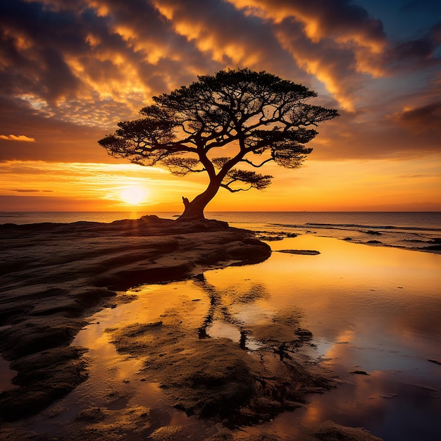 Lone Tree Silhouetted at Sunset