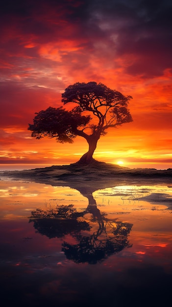 Lone Tree Silhouetted at Sunset