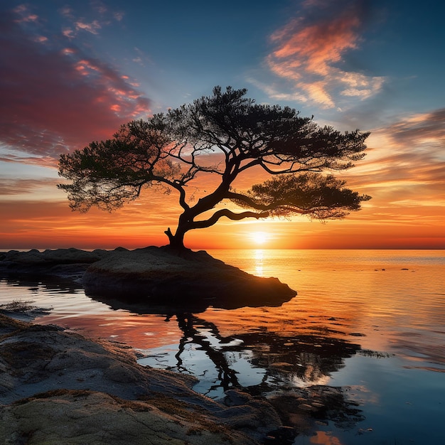 Lone Tree Silhouetted at Sunset