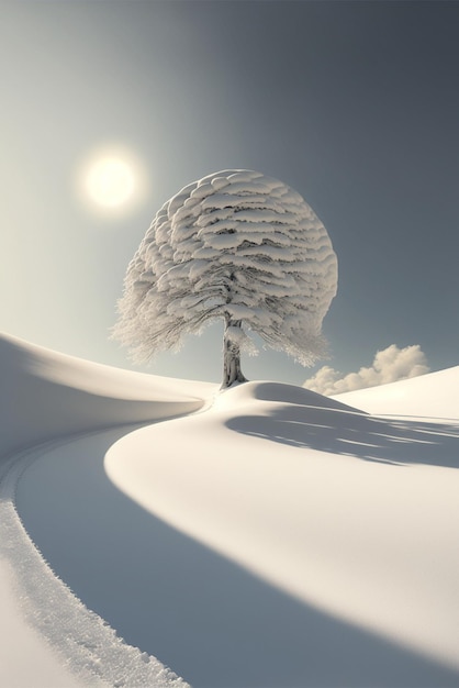 Lone tree sitting on top of a snow covered hill generative ai