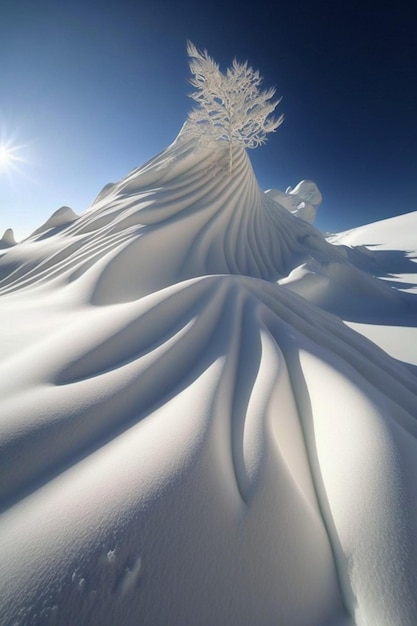 Lone tree sitting on top of a snow covered hill generative ai