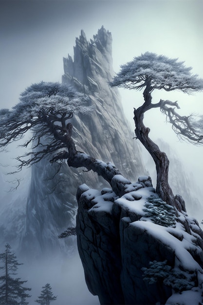 Lone tree sitting on top of a snow covered mountain generative ai