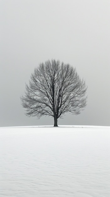 Lone tree in snowfield grey sky stark beauty minimalist nature