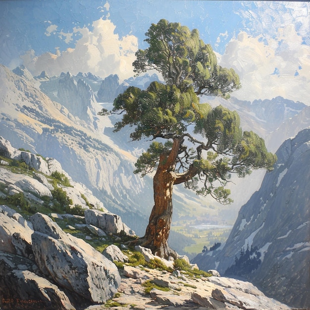 A lone tree standing on a rocky mountain slope