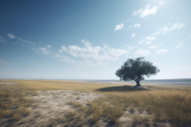 A lone tree stands in a field with a blue sky in the background.