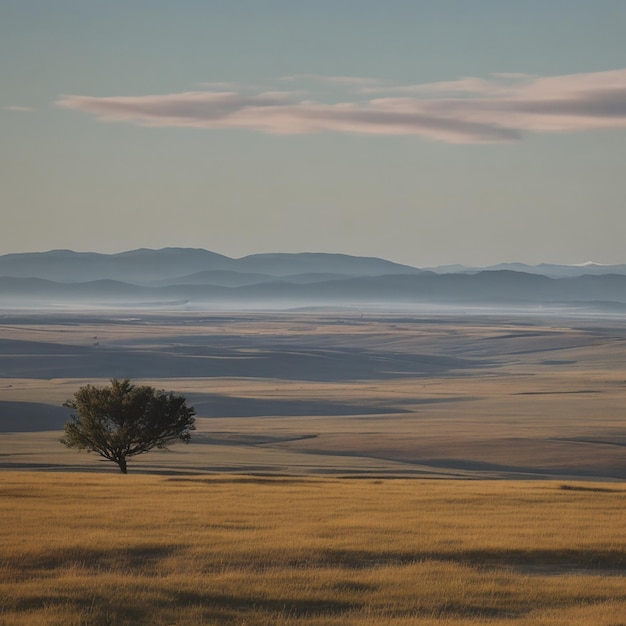 a lone tree stands in a field with a sky background