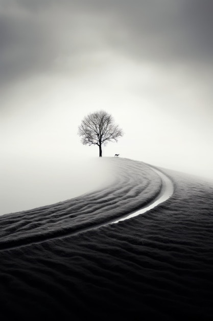 Lone tree stands in the middle of snowy field Generative AI