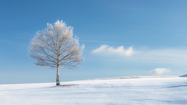 A lone tree stands in a snowy field on a cold winter day The tree is covered in snow and ice and the field is blanketed in snow