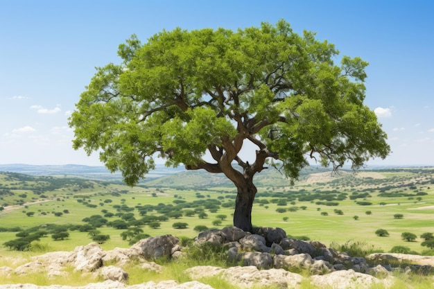 a lone tree stands on top of a hill in the middle of a field