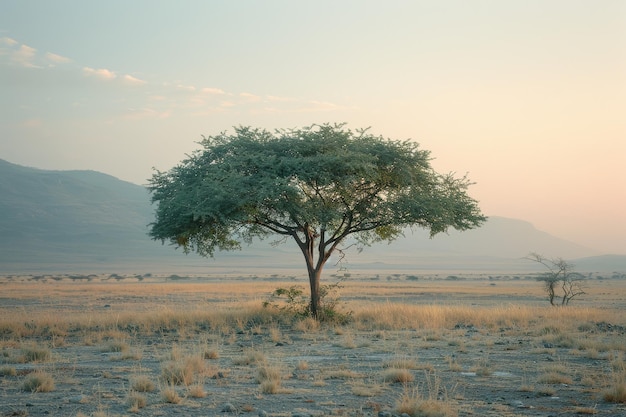 Lone tree in a vast savannah landscape at sunset