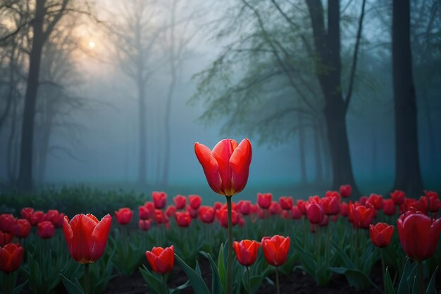 Lone Tulip in Misty Morning Garden