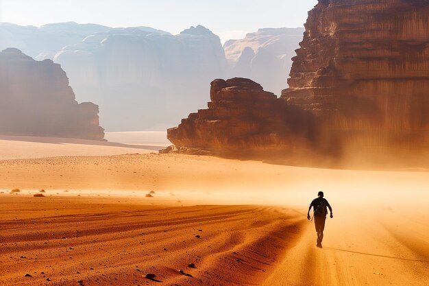 Photo lone walker in majestic desert with towering rock formations at sunsetxa