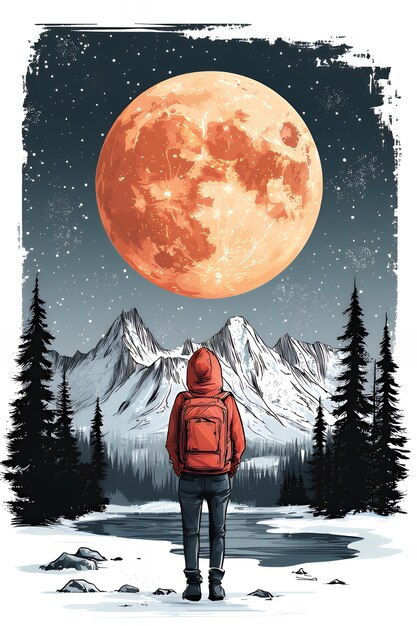 Photo lone wanderer gazing at the full moon in a mountainous landscape