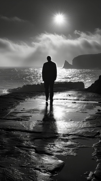 Photo a lone wanderer walks along a tranquil shore reflecting on lifes mysteries