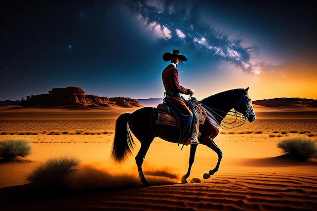 Lone western cowboy riding a horse in the desert under a starry night sky with the milky way and gal