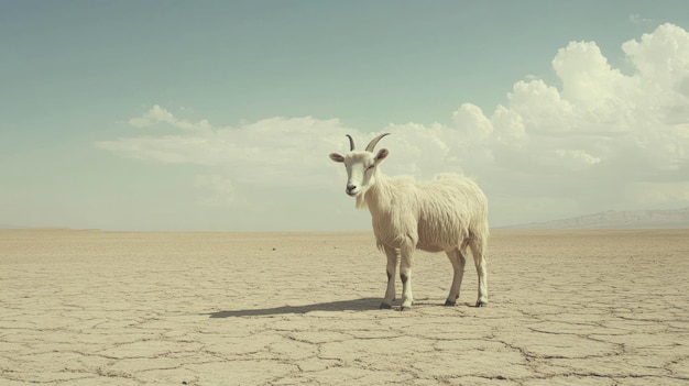 Photo a lone white goat standing on a cracked desert plain