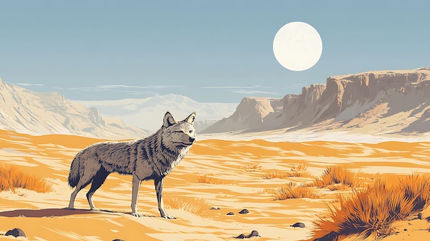 Photo lone wolf in a desert landscape with a full moon