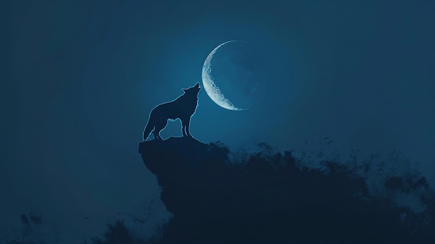 A lone wolf howling at a crescent moon its silhouette outlined against a deep blue background creating a powerful image of wilderness and solitude