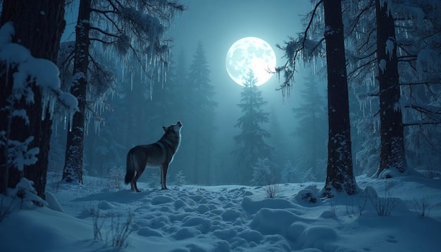 Lone wolf howling at the full moon in a snowy forest