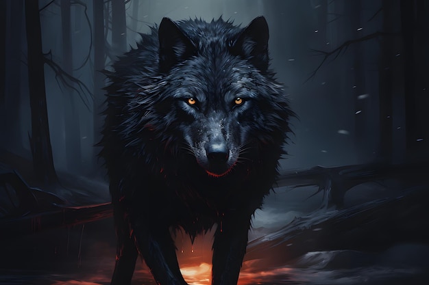 Lone wolf howling in spooky forest at night