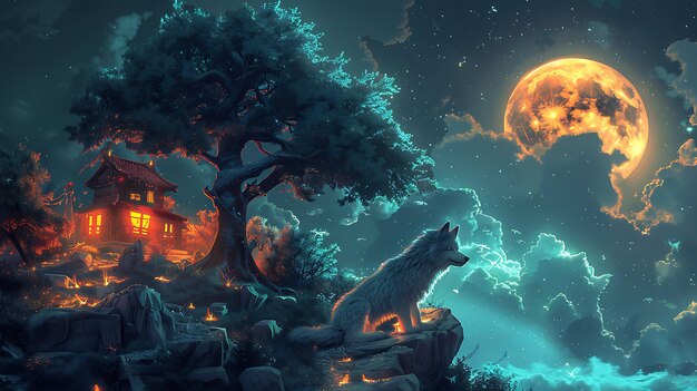 Photo a lone wolf sits on a cliff overlooking a mysterious house in the moonlight