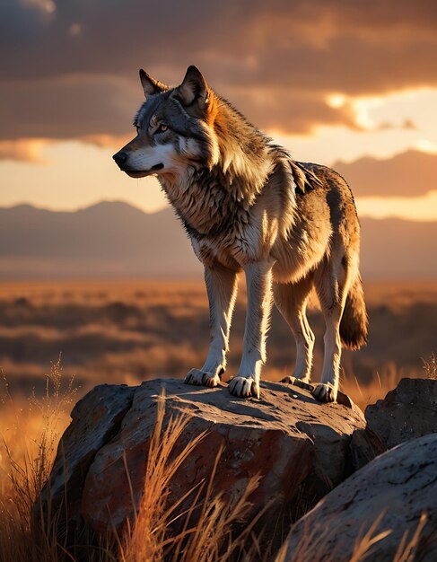 Lone Wolf Standing on a Rock at Sunset