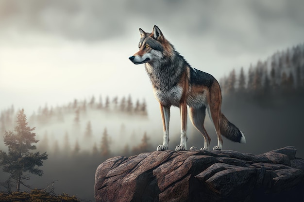 A lone wolf standing on a rocky mountain