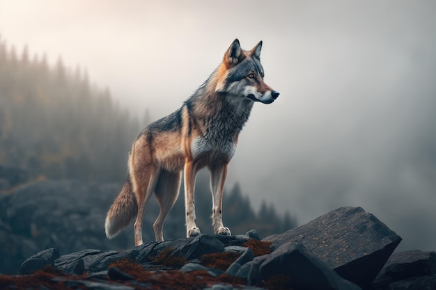 A lone wolf standing on a rocky mountain