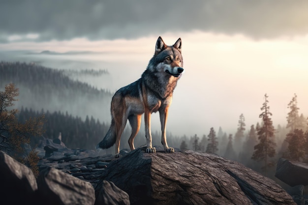 A lone wolf standing on a rocky mountain