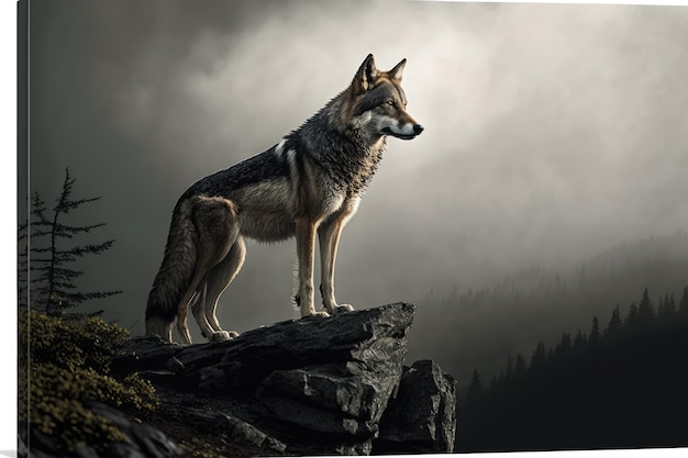 A lone wolf standing on a rocky mountain