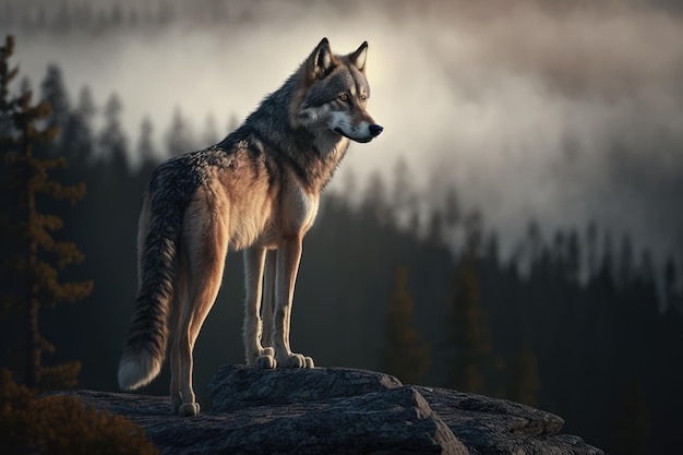 A lone wolf standing on a rocky mountain