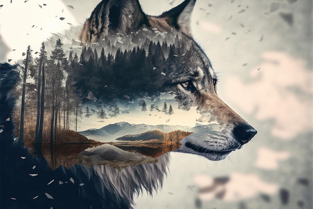 Lone wolf on wondrous double exposure natural background of autumnal forest