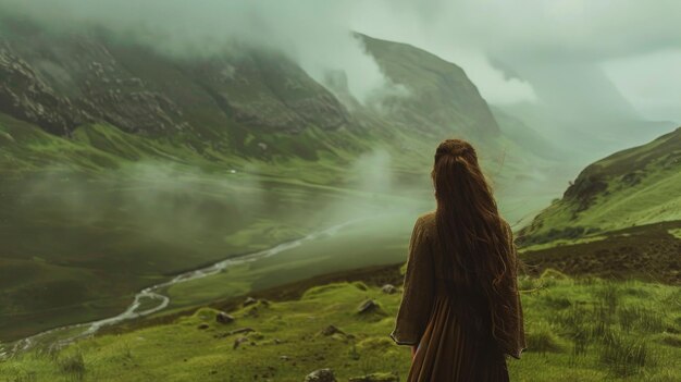 Photo a lone woman stands on a hillside overlooking a misty valley in the scottish highlands a sense of peace and wonder radiating from her presence