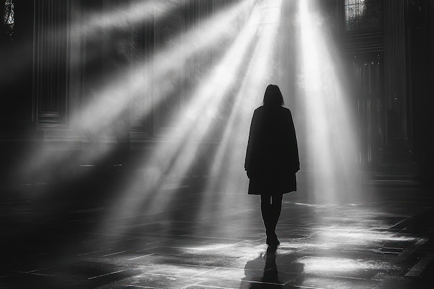 A lone woman walks towards the light her silhouette silhouetted against a ray of sunlight streaming through a large window