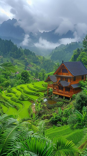 A lone wooden home and green rice terraces beneath an overcast sky