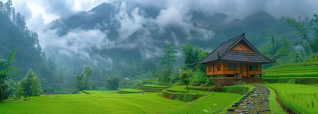 A lone wooden home and green rice terraces beneath an overcast sky