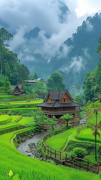 A lone wooden home and green rice terraces beneath an overcast sky